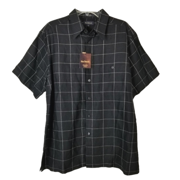 Marc Edwards Mens Washable Linen Button Shirt Size Large Black Windowpane Plaid - Picture 1 of 7